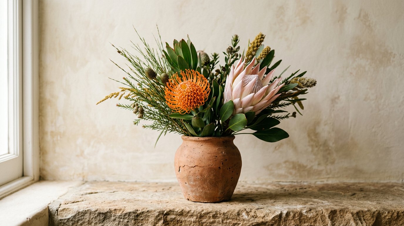 Protea flowers and fynbos grasses arranged in a terracotta vase.