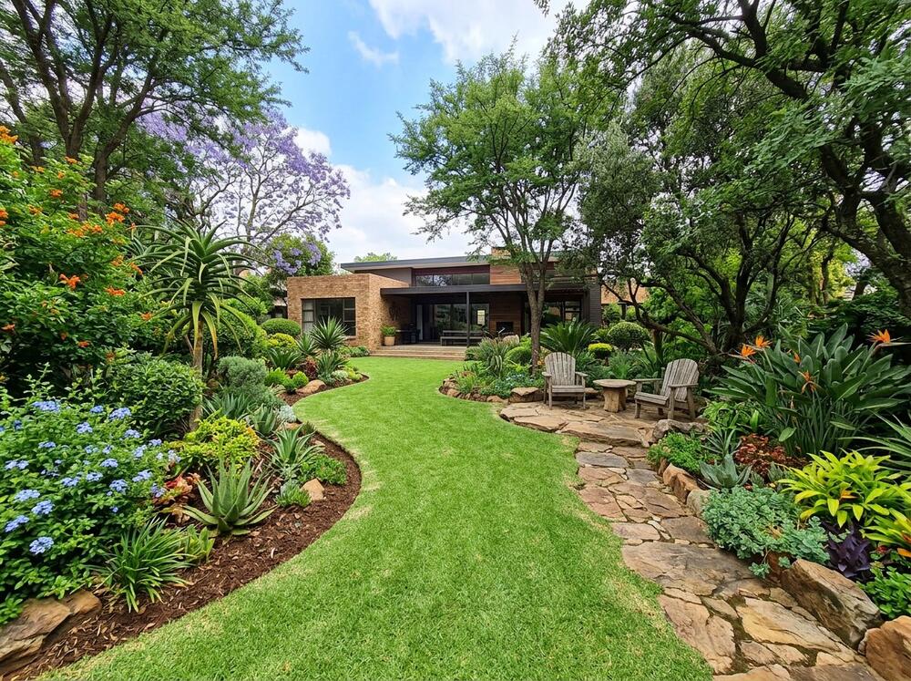 A maintained home garden with curved lawn edges and neat planting beds.