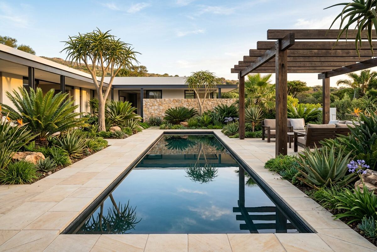 A contemporary courtyard garden with a reflecting pool, stone paving and sculptural planting.