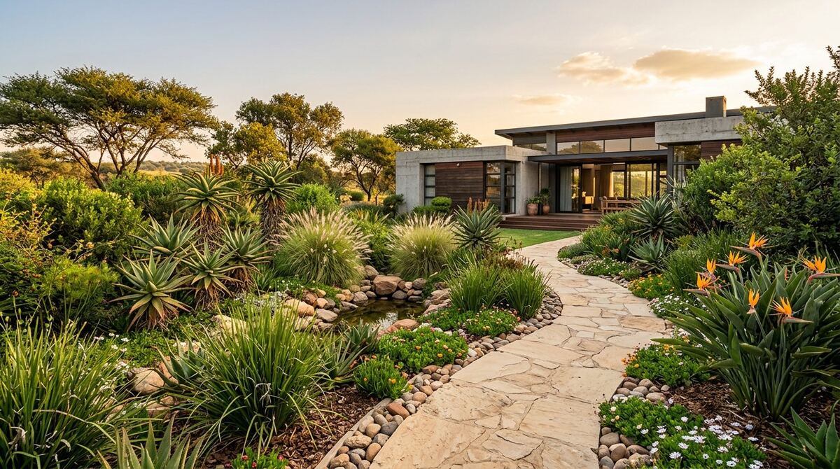 Curving stone path through layered planting and ornamental grasses in a home garden.