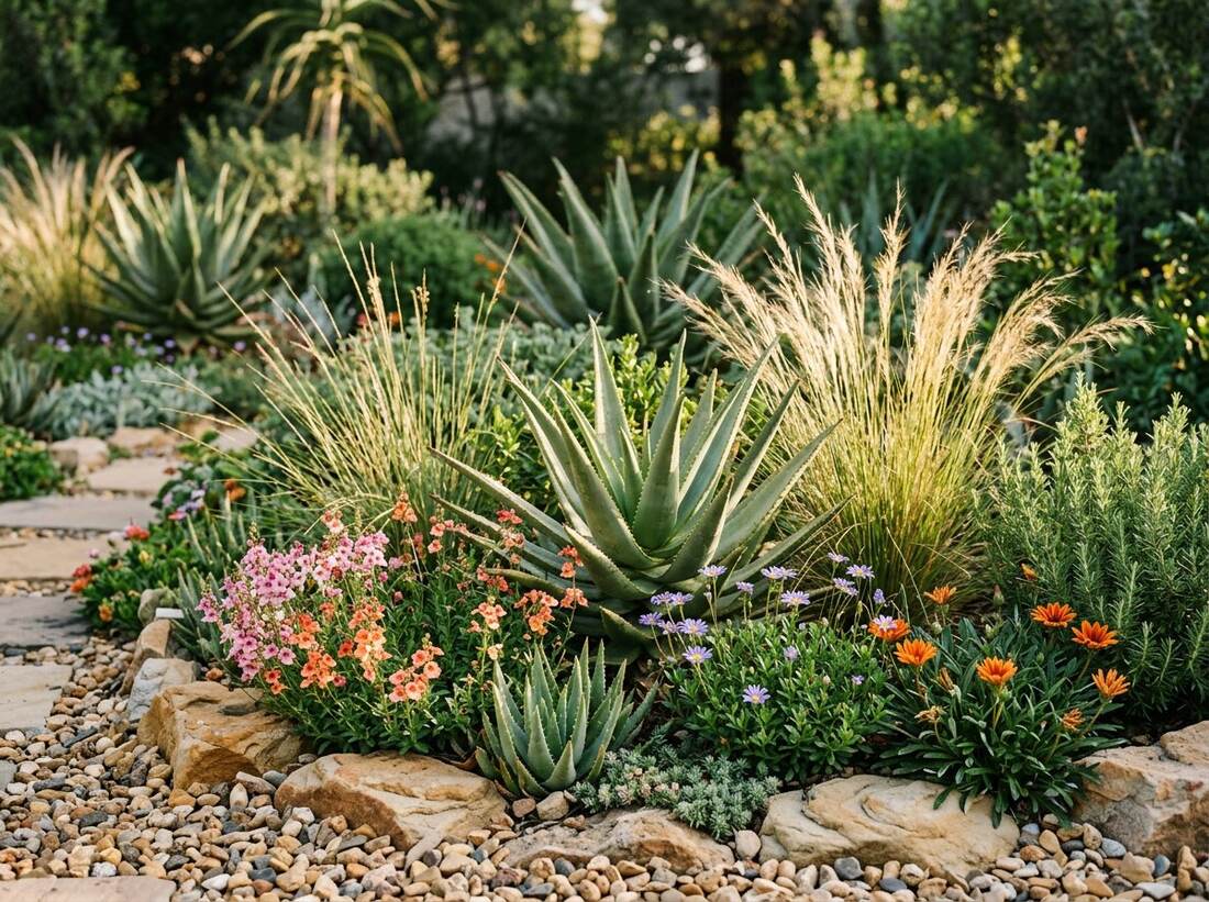 Aloe, grasses and small flowers in a water-wise indigenous garden bed.