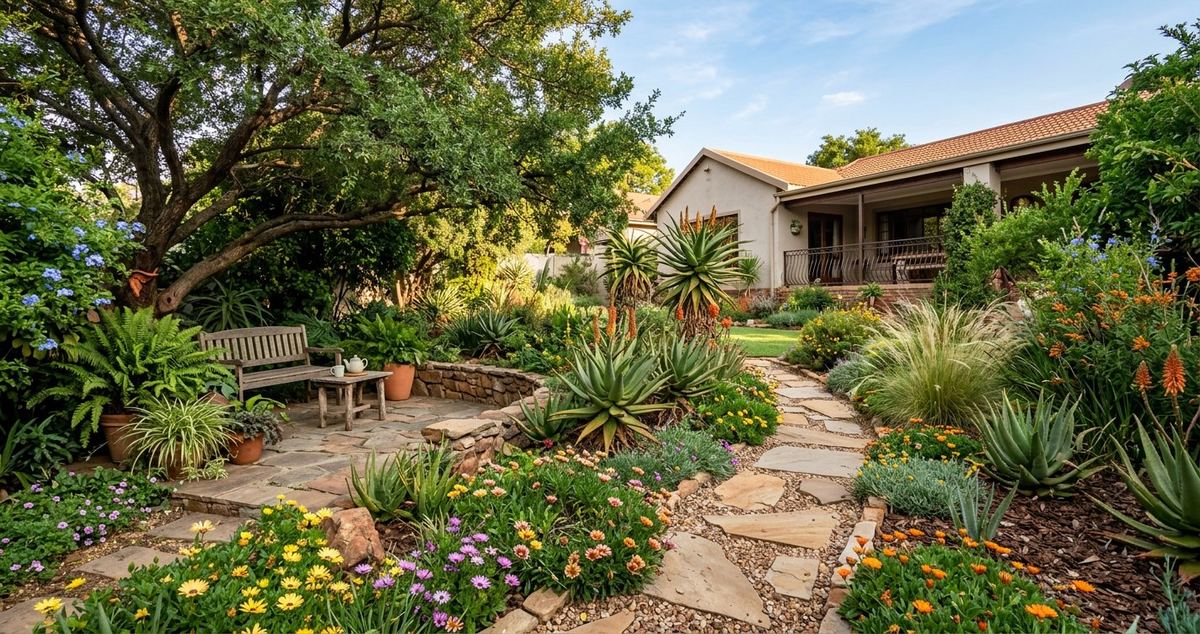 Fictional Vaal Triangle backyard with indigenous plants, flowers, a stone path and a shaded seating area.