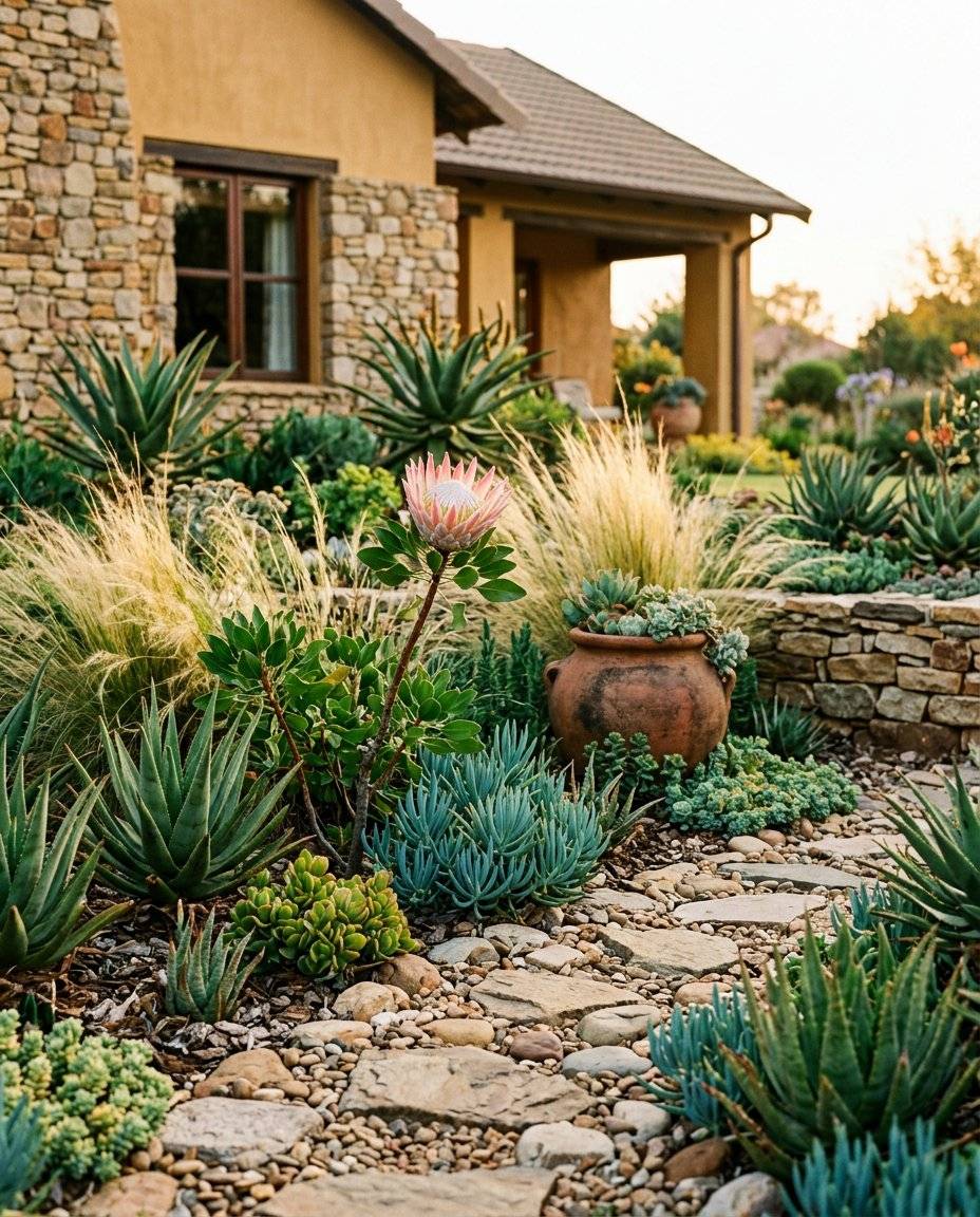 Fictional Vaal Triangle garden with aloe, succulents, a protea and a stone path.